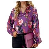 Floral Boho Tops for Women Summer V Neck Flowy Bohemian Long Sleeve Blouses size L