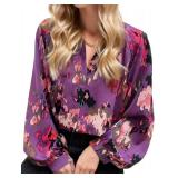 Floral Boho Tops for Women Summer V Neck Flowy Bohemian Long Sleeve Blouses size L