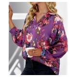 Floral Boho Tops for Women Summer V Neck Flowy Bohemian Long Sleeve Blouses size L