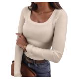 Womens Casual Long Sleeve Stretch Scoop Neck Basic Ribbed T-Shirt Slim Fit Casual Basic Top S