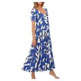 PRETTYGARDEN Puff Short Sleeve Cewneck Floral Long Fall Dresses for Women 2025 Flowy Tiered Hem Maxi Wedding Guest Dress S