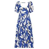 PRETTYGARDEN Puff Short Sleeve Cewneck Floral Long Fall Dresses for Women 2025 Flowy Tiered Hem Maxi Wedding Guest Dress S