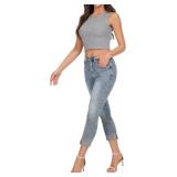 Womens Sleeveless Ribbed Tank Top Asymmetrical Shoulder Scoop Neck Casual Basic Fitted Crop Top M