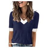 AKEWEI Womens V Neck Sweater Short Sleeve Lightweight Knit Summer Fall Tops with Decorative Buttons M