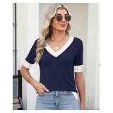 AKEWEI Womens V Neck Sweater Short Sleeve Lightweight Knit Summer Fall Tops with Decorative Buttons M