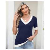 AKEWEI Womens V Neck Sweater Short Sleeve Lightweight Knit Summer Fall Tops with Decorative Buttons M