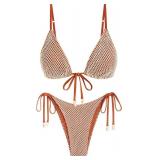 ZAFUL Women Triangle String Two Piece Bikini Fishnet Mesh Tie Shell Decor Tanga 2 Piece Swimsuit size S