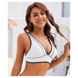 Jolefille Women Triangle Bikini Tops Sexy V Neck Push Up Swimsuit Tops Color Block Bathing Suit Adjustable Straps Swim Top S