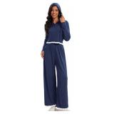 Two Piece Sets for Women Casual Lounge Sets Cropped Half Button Hoodie Top Wide Leg Pants Ribbed Knit Tracksuit SIZE M (10)