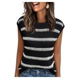 LILLUSORY Fall Sweater Vest Women Crew Neck Sleeveless Striped Sweater Cap Sleeve Knit Tops 2024 Trendy Fashion Clothes, X-Large, Seblack