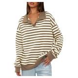 Darong Womens Oversized Contrast Striped Long Sleeve Collared Sweatshirts Casual Cotton Pullover Sweatshirt Fall Cloth M