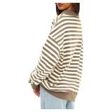 Darong Womens Oversized Contrast Striped Long Sleeve Collared Sweatshirts Casual Cotton Pullover Sweatshirt Fall Cloth M