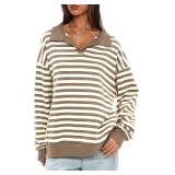 Darong Womens Oversized Contrast Striped Long Sleeve Collared Sweatshirts Casual Cotton Pullover Sweatshirt Fall Cloth M