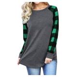 Smile Fish Womens Crewneck Raglan Long Sleeve Shirts Buffalo Plaid Relaxed Fit Christmas Top Tees M