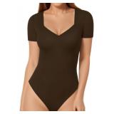 MANGOPOP Sweetheart V Neck Bodysuits for Women Long Short Sleeve Body Suits Tops Shirt M