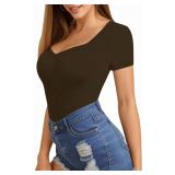 MANGOPOP Sweetheart V Neck Bodysuits for Women Long Short Sleeve Body Suits Tops Shirt M