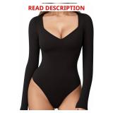 MANGOPOP Sweetheart V Neck Bodysuits for Women Long Short Sleeve Body Suits Tops Shirt M Grey