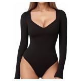 MANGOPOP Sweetheart V Neck Bodysuits for Women Long Short Sleeve Body Suits Tops Shirt M Gray