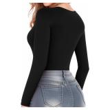 MANGOPOP Sweetheart V Neck Bodysuits for Women Long Short Sleeve Body Suits Tops Shirt M Gray