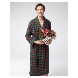 SIORO Mens Robe Flannel Cotton Plaid Bathrobe Soft Shawl Collar Loungewear M