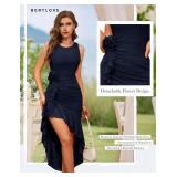 BeryLove Formal Mesh Sexy Ruched Bodycon Midi Dresses Elegant Sleeveless Ruffle Hem Cocktail Party Summer Dress 7090 Navy M