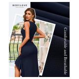 BeryLove Formal Mesh Sexy Ruched Bodycon Midi Dresses Elegant Sleeveless Ruffle Hem Cocktail Party Summer Dress 7090 Navy M