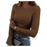 Zeagoo Womens Long Sleeve Stretch Crewneck Ribbed T-Shirt Slim Fit Casual Basic Tops S-XXL