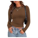 Zeagoo Womens Long Sleeve Stretch Crewneck Ribbed T-Shirt Slim Fit Casual Basic Tops S-XXL
