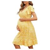Adorel Maternity Dress Midi Ruffle V-Neck Flowy Smocked Empire Waist Casual Pregnant Outfit Baby Shower M