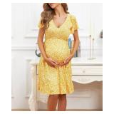 Adorel Maternity Dress Midi Ruffle V-Neck Flowy Smocked Empire Waist Casual Pregnant Outfit Baby Shower M