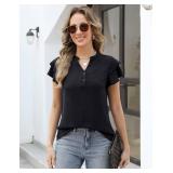 CiCiBird Womens Dressy Button Down Shirt Casual Ruffle Short Sleeve Blouse Business Work V Neck Tops white M