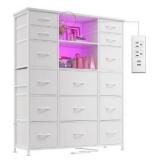 EnHomee 51\" H White Dresser with 15 Drawers Dresser for Bedroom with Charging Station & LED Lights & Hutch Sturdy Bedroom Dressers, Steel Frame, Wood Top, 51.2\" H x 39.3\" W x 11.8\" D