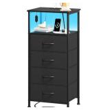 Black Nightstand with Charging Station and LED Light for Bedroom, Tall 4 Drawers Dresser with Fabric Bins for Bedside Kids Dorm Room Closet Laundry Entryway, Black
