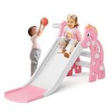Toddler Slide for Indoor & Outdoor Play with Basketball Hoop, Anti-Slip Steps, 46.8in Baby Climber (Pink)