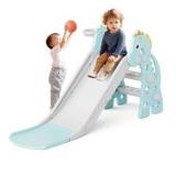 Toddler Slide for Indoor & Outdoor Play with Basketball Hoop, Anti-Slip Steps, 46.8in Baby Climber (Green)