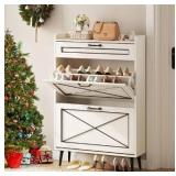 Shoe Cabinet with 2 Flip Drawers,Hidden Shoe Storage Cabinet with 1 Pull Drawer for Entryway,Narrow Shoe Rack,Freestanding Slim Shoe Organizer Cabinet for Hallway,Foyer,White