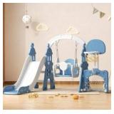 YUFU 5-in-1 Toddler Slide and Swing Set, Kids Slide with Climber, Swing, Basketball Hoop, Soccer Goal, Indoor Outdoor Playset for Toddlers Age 1-3 (Blue