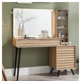 Fluted Makeup Vanity Desk with Large 35\" HD Lighted Mirror, 48\" Mid Century Modern Glass Top Vanity Table with 5 Drawers & Adjustable Shelf, Dressing Table w/Charging Station for Bedroom, Natural Oa
