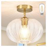 Bagood Gold Semi Flush Mount Ceiling Light Fixture Vintage Ceiling Light Fixture Farmhouse Globe Glass Mid Century Textured Glass Hallway Fixture for Bathroom Entryway (Bulb Incl.)