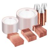 bUCLA 600PCS Clear Rose Gold Plastic Dinnerware Set Disposable - Include 100 Dinner Plates, 100 Dessert Plates, 100 Knives, 100 Forks, 100 Spoons, 100 Cups for Party, Wedding & Mothers Day