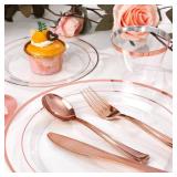 bUCLA 600PCS Clear Rose Gold Plastic Dinnerware Set Disposable - Include 100 Dinner Plates, 100 Dessert Plates, 100 Knives, 100 Forks, 100 Spoons, 100 Cups for Party, Wedding & Mothers Day