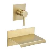 BWE Wall Mount Bathtub Faucet Brushed Gold Single Handle Modern Bathtub Faucet with Rough in Valve High Flow Filler Waterfall Tub Spout