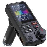 Nulaxy Bluetooth Car Adapter 1.8\" Color Screen Strong Mic, QC3.0 Fast Charger Wireless FM Radio Transmitter with Treble & Bass Sound Music Player, Hands-Free Calls, Supports AUX/TF Card/USB Drive
