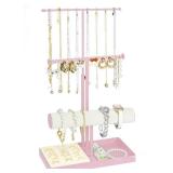 Jenseits Jewelry Holder Stand Organizer, 3-Tier Necklace Holder w/Bracelet Holder Display & Velvet Rings Tray, Pink Jewelry Organizer for Women Girls, Cute Aesthetic Jewelry Hanger Tower Storage Rack