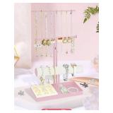 Jenseits Jewelry Holder Stand Organizer, 3-Tier Necklace Holder w/Bracelet Holder Display & Velvet Rings Tray, Pink Jewelry Organizer for Women Girls, Cute Aesthetic Jewelry Hanger Tower Storage Rack