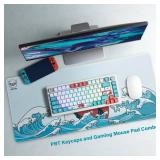 XVX PBT Keycaps and Japanese Sea Wave Large Mouse Pad Combo, 121 Keys Coral Sea Custom Key caps, Extended Kanagawa Mat Desk Pad, Keycaps 75 Percent Dye Sub and Kanagawa Mice Pad (27.6