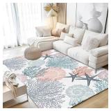 Corals Coastal Rug for Living Room 5x7 Area Rug Washable Non-Slip Rugs for Bedroom Cute Soft Kids Nursery Rug, Nautical Beach Themed Capet for Entryway Office Dining Room