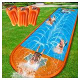 Slip Water Slide, 17ftx3 Lane Slip Water Slide for Kids Backyard Lawn,Summer Water Toys Outdoor Sprinkler with 3 Sliding Racing Lanes and 3 Inflatable Bodyboards