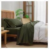 BESTOUCH Sheet Set 100% Washed Cotton Linen Feel Super Soft Comfortable Chic Lightweight 4 Pcs Home Bedding Set Solid Olive Green Queen