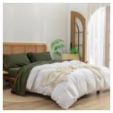 BESTOUCH Sheet Set 100% Washed Cotton Linen Feel Super Soft Comfortable Chic Lightweight 4 Pcs Home Bedding Set Solid Olive Green Queen